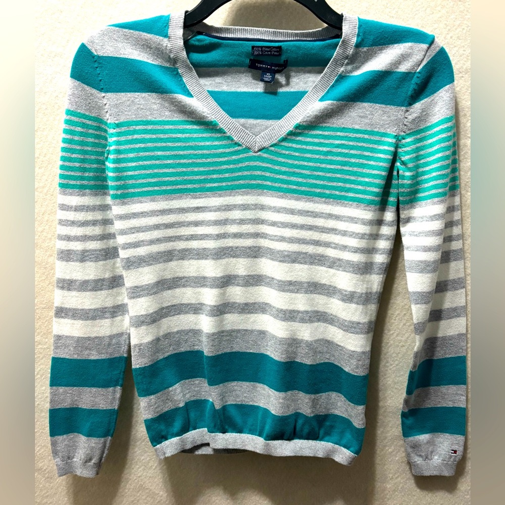 Tommy Hilfiger V-neck Clueless Mean Girls Casual Striped Sweater - Teal and Gray